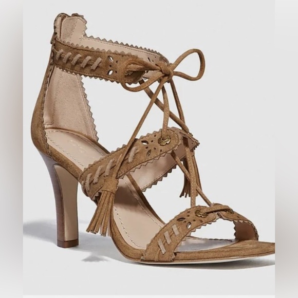 Coach Shoes - Coach Bella Ankle-Tie High-Heel Suede Sandals Brown Size 7.5‎